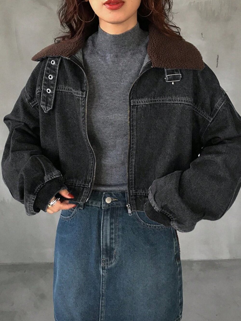Black Casual Women's Drop Shoulder Collar Zip Front Loose Denim Jacket